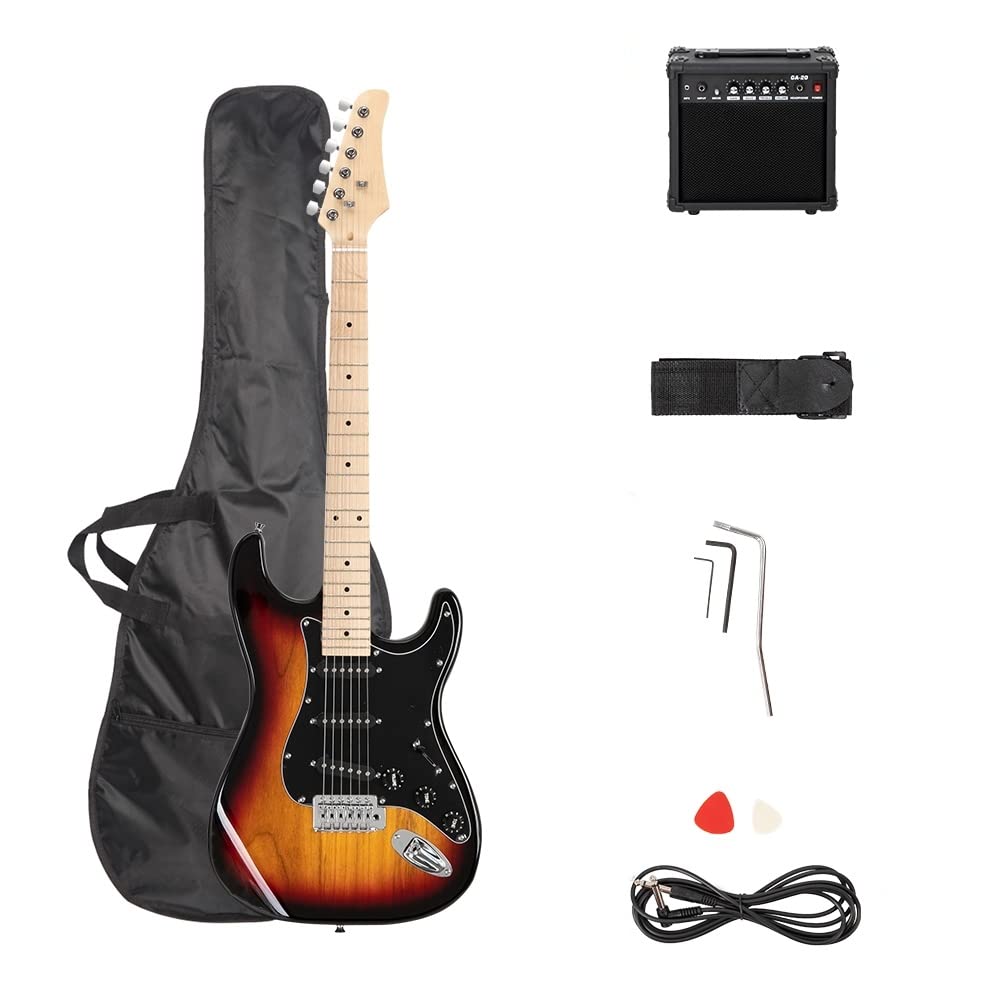 Trayoz Full-Size Electric Guitar Kit with 20Watt Amp, SSS Pickups Beginner Electric Guitars Kit W/All Accessories Strap, Gig Bag & Cable (Brown Sunburst)