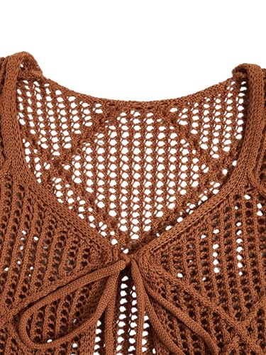 MakeMeChic Women's Cowboy Crochet Fringe Vest Vintage Hollow Out Tie Sleeveless Crop Knit Vest3