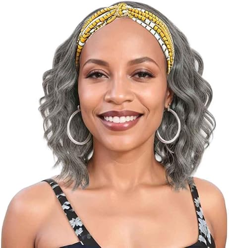 Silver Grey Wavy Headband Wig For Black Women Curly Half Wigs With Headband Attached Synthetic Wrap Wigs For Women(Gray)…