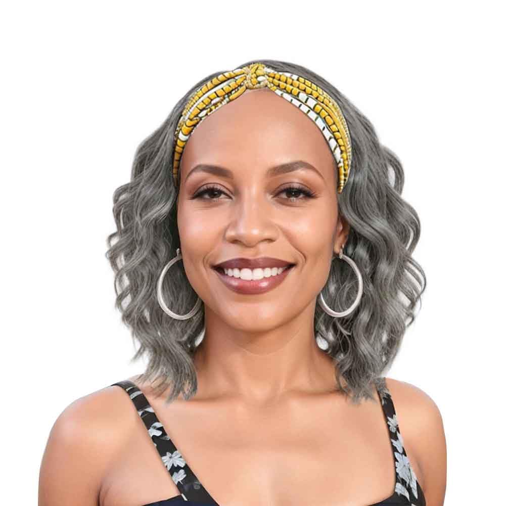 Silver Grey Wavy Headband Wig For Black Women Curly Half Wigs With Headband Attached Synthetic Wrap Wigs For Women(Gray)…