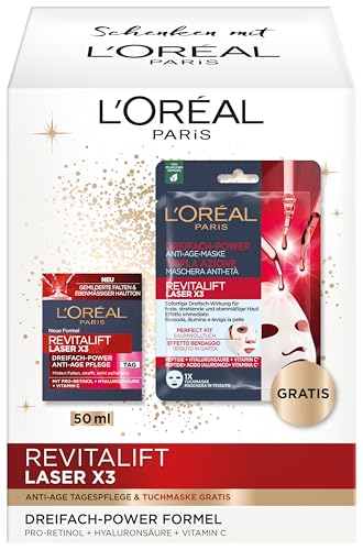 L'Oréal Paris Anti-Age Gesichtspflegeset mit Tagespflege und Tuchmaske, Mit Pro-Retinol, Hyaluronsäure & Vitamin C, Revitalift Laser X3, 2-teilig
