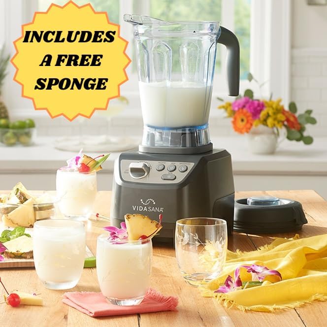 FJH Marketplace Princess House Vida Sana High-Power Blender, 1500-Watt Motor, 68 oz BPA-Free Jar, Smoothie Soup Dips Functions, Includes Tamper, Includes one colorful happy face sponge