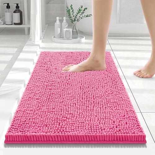Smiry Luxury Chenille Bathroom Rugs 24x16, Extra Soft and Absorbent Shaggy Bath Mat, Machine Washable, Non-Slip Plush Carpet Runner for Tub, Shower, and Floor, Home Decor Accessories, Hot Pink