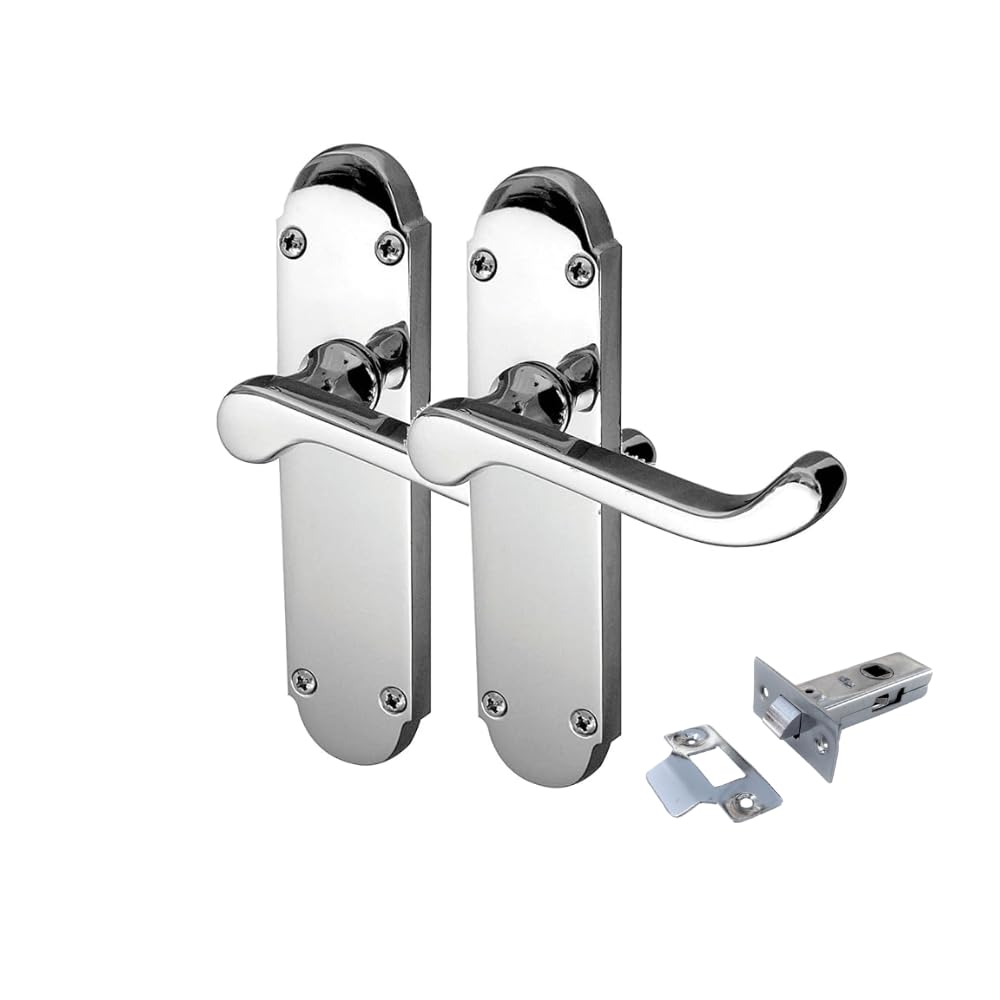 Epsom Door Handle Polished Chrome Scroll Door Handle Set - Victorian Style Internal and External Lever Door Handles with Backplate 170mm x 42mm (Pair of Handles + Tubular Latch)