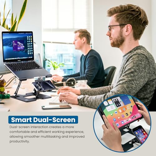 Image of Dyazo Foldable Metal Laptop & Mobile Stand with Dual Cooling Fans | Adjustable Height & Angle | Ventilated Silent Operation | Compatible for MacBook, HP, Dell, Acer, Lenovo & Other Notebooks (Black)