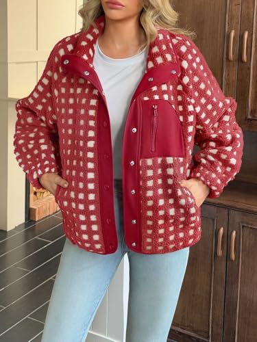 Tankaneo Womens Plaid Sherpa Jacket Fuzzy Fleece Stand Collar Button Down Jacket Winter Warm Outerwear2