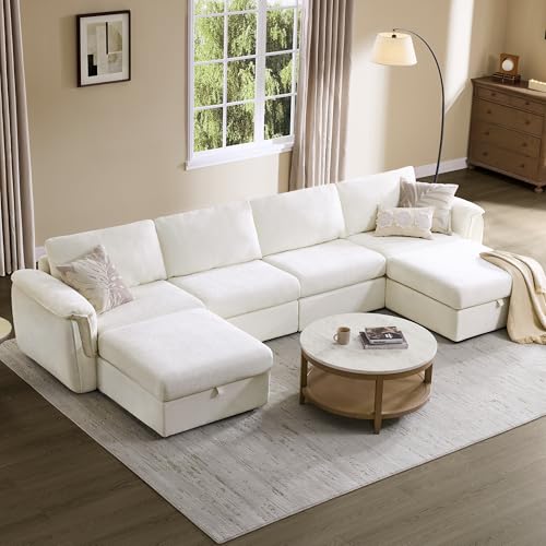 Image of CHITA Extra Large Sectional Couches for Living Room, Cloud Modular Sectional Sofa with Chaise, Ottoman with Storage, 4 Seater U Shaped Sectional Couch, Chenille in Cream