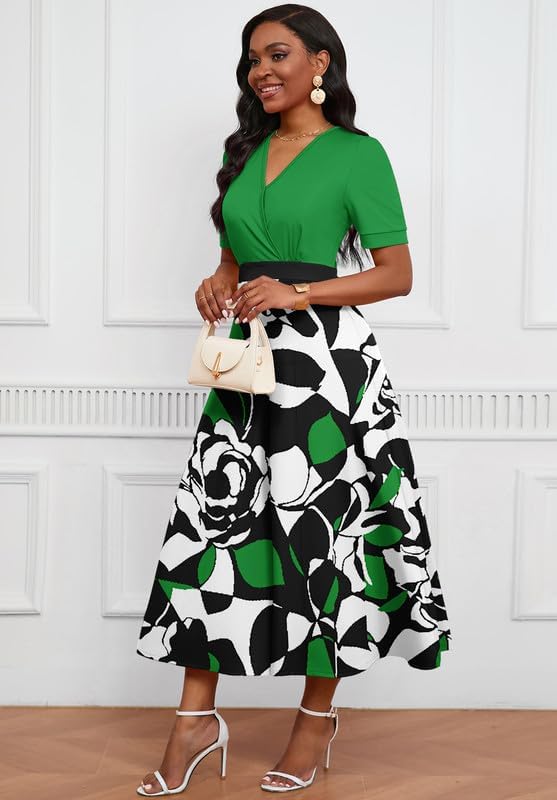 Image of MarryUP Women's Midi Dresses - V Neck Cocktail & Church Tea Dresses - Short Sleeve A-Line Swing Dress
