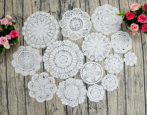 TOSEEY 14Pcs 100% Cotton Hand Crochet Doilies 3-10 inches Round White Beige Vintage Wedding Tea Party(White) - Thumbnail 3