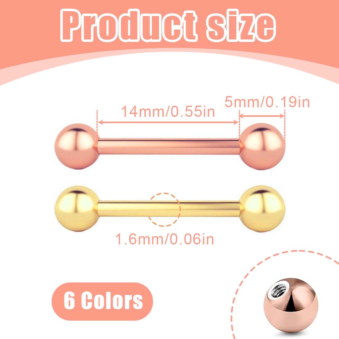 GXGM 6 Piezas Piercing Lingua Acero Quirúrgico 14mm Barbell Piercing Pezón Mujer Hombre