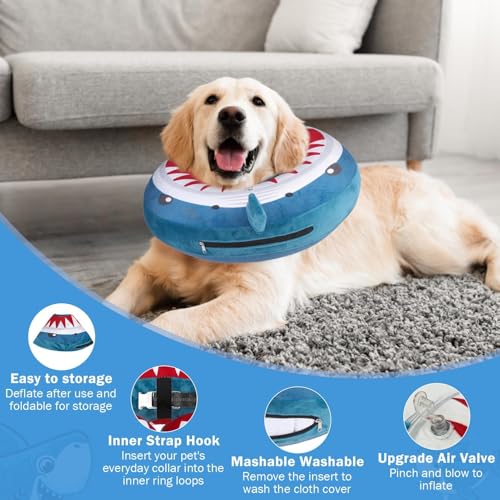 Image of SCENEREAL Dog Cone Alternative After Surgery Pet Recovery Collar for Small Medium Large Dogs Cats, Adjustable Inflatable Donut to Prevent Licking, Shark Print E-Collars