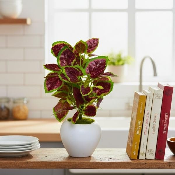 Image of fancymart Artificial Plant Leaves in Apple Pot (30 cm Height) | Small Potted Plant for Office Desk | Home Decor for Living Room | Cafe & Restaurant Table Decoration