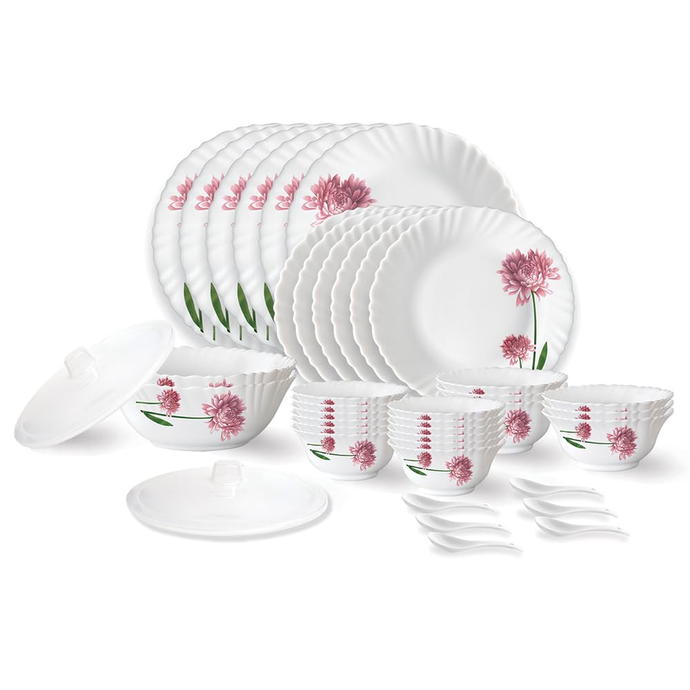Larah by Borosil Nargis Fluted Series Opalware Dinner Set | 40 Pieces for Family of 6 | Microwave & Dishwasher Safe | Bone-Ash Free | Crockery Set for Dining & Gifting | Plates & Bowls | White