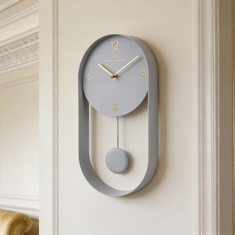 Image of Daniel Hechter Paris Aveyron Collection Wall Clock, Silent Sweep Non-Ticking Quartz Movement,15.75Inch(40 cm) Grey Dial, Oval All-Metal Frame,Metal Pendulum,Modern Clock for Home & Office - DHCL1006