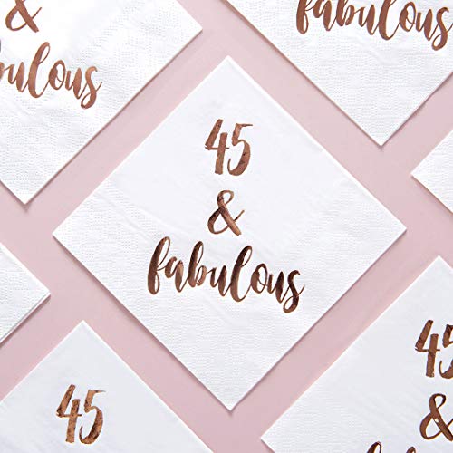 45 & Fabulous Cocktail Napkins, 50-Pack 3ply White Rose Gold 45th Birthday Dinner Celebration Party Decoration Napkin