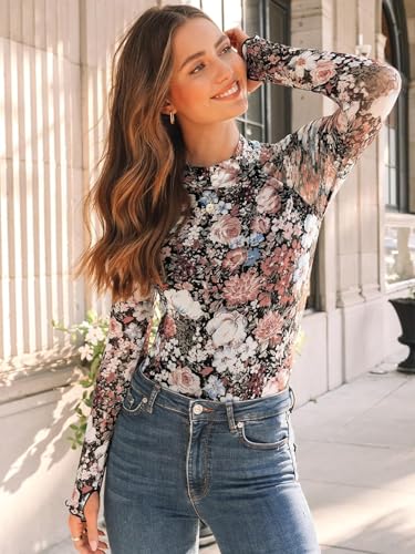 Women's Floral Mesh Long Sleeve Tops - Sheer Lace Mockneck Layering Shirt, Leopard Print for Fashion Spring Outfits 20252