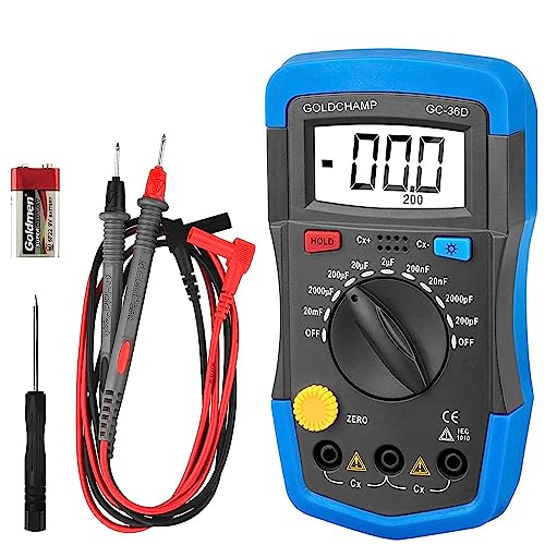 GOLDCHAMP デジタルマルチメータ 静電容量計 200pF-20mF メーターコンデンサー ハンドヘルドマルチメーターテスター マルチテスター付き 手動範囲測定ツール、バックライト、データホールド