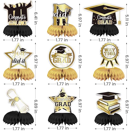 Image of Graduation Party Decorations Class of 2025 Honeycomb Centerpieces Congrats Grad Black Gold Table Toppers(9 PCS)