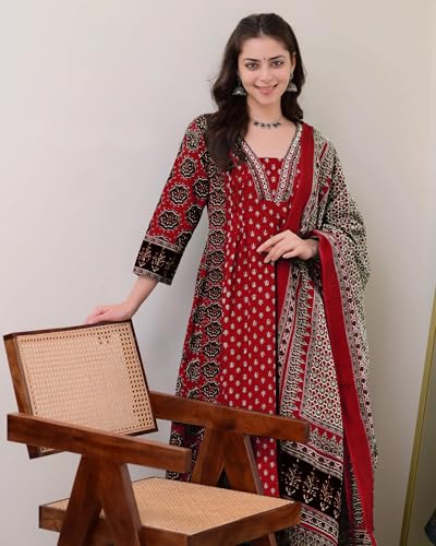 Image of ANNI Designer Women's Pure Cotton Anarkali Kurta Set for Women with Dupatta & Plazzo - Hand Block Print Suit Set | Stylish Dress | Cotton Kurta Set for Women