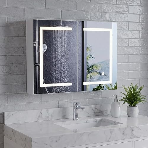 BEIJIALY Badezimmer spiegelschrank mit Beleuchtung 80x60cm, Spiegelschrank Bad mit LED Doppeltür Badschrank mit Spiegel und Ablage,Hängeschrank,3 Beleuchtungsmodus,Berührung Sensorschalter Weiß