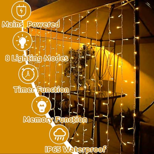 Joycome Curtain Fairy Lights 300 LED 3m x 3m, 8 Modes Christmas Lights with Timer, Connectable Wall Fairy Light Plug in Waterproof for Gazebo Window Pergola Party Wedding Indoor Outdoor (Warm White) - Image 4