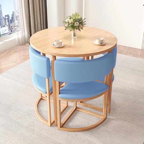 ダイニングテーブルセット4人用80cm丸テーブルアウトドア/カフェ/ガーデン/オフィス/小スペースキッチン5点セットアルオフィス商談ンレセプショ服ストアコーヒーショ最適 (スカイブルーの80 cmラウンドテーブル+4つのレザーチェア)