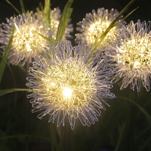 4PK 32LED Solar Garden Lights Outdoor Dandelion Solar Lights Outdoor IP65 Waterproof Firefly Light Outside Decor for Patio Pathway Sway by Wind for Fairy Garden Dandelion Decorations Warm White