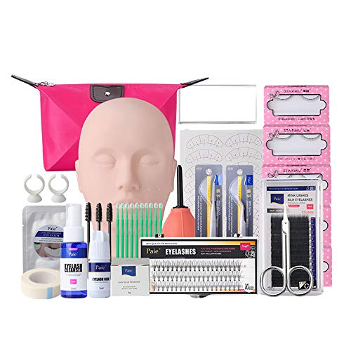 19pcs False Eyelashes Extension Practice Exercise Set, Mannequin Head Lip Makeup False Eyelash Grafting Training Tool Kit with Eye Lashes Glue Tweezers bag for Makeup Eye Lashes Practice Graft