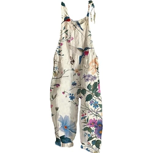 Vacation Jumpsuits for Women Bird Casual Plus Size Sleeveless Summer Loose Rompers One Piece Spaghetti Strap Floral Boho Bib Cotton Linen Overalls Wide Leg Comfy with Pockets 2025 Clothes,L