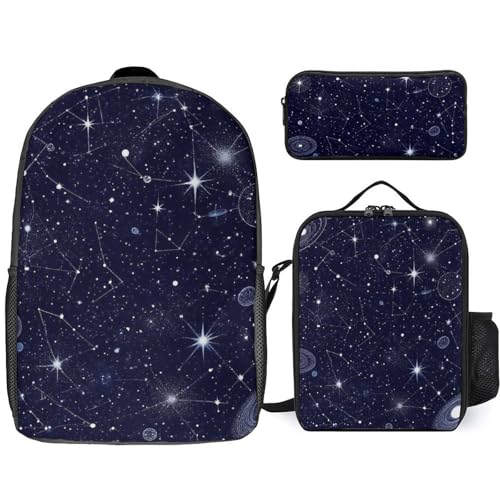 Travel Backpack Set, 17 Inch College Backpack with Thermal Lunch Bag Zodiac Constellation Galaxy Starry Night Stars Glow In The Dark Midnight Pencil Pouch Casual Bookbag Insulated Meal Bag