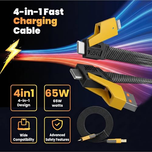 Image of 4-in-1 65W Fast Charging Braided Cable | Multi Charging Cable with Type-C & USB-A | 1.5m Durable Nylon Cable for Smartphones & Tablets