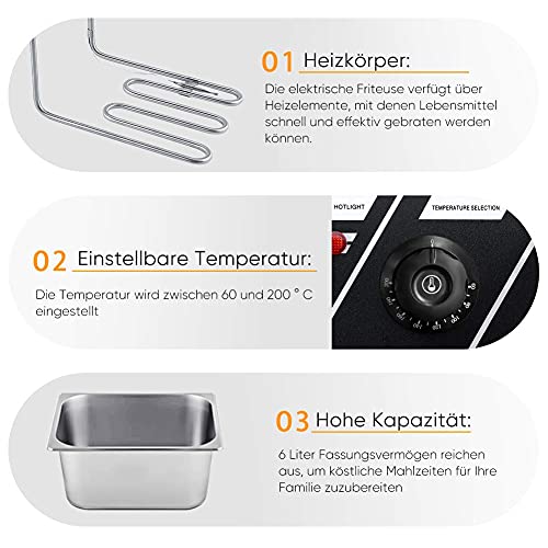 Friteuse mit Fett, 2200W Profi Fritteuse Edelstahl Semiprofessionelle Friteuse mit Öl Testsieger Elektrische mit Haken Fritteuse Professionelle Friteuse fur Pommes Frites Hühnchen 44x28.5x28cm – Bild 7