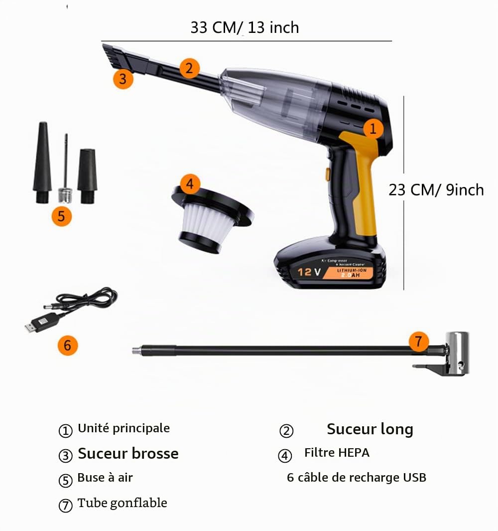 Aoun Aspirateur De Voiture Portable sans Fil Et Gonfleur De Pneus avec Manomètre, Écran LCD Et Lumière LED, Aspirateur à Main à Forte Aspiration 9000pa, Rechargeable électrique Pompe à Air sans Fil