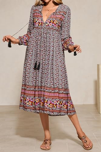 R.Vivimos Women's Long Sleeves Floral Print Retro V Neck Tassel Casual Bohemian Midi Dresses3