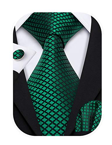 Barry.Wang Mens Ties Silk Tie Pocket Square Cufflinks Set Woven Designer Emerald Green
