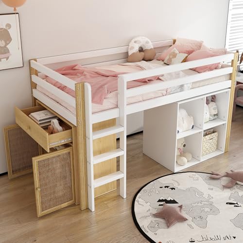 Cama Alta 90x200 cm con 2 armarios de almacenaje y Escalera Cama Individual para Adultos Adolescentes Ahorro de Espacio Cama Familiar somier de láminas Madera Cama de Invitados sin colchón Blanco