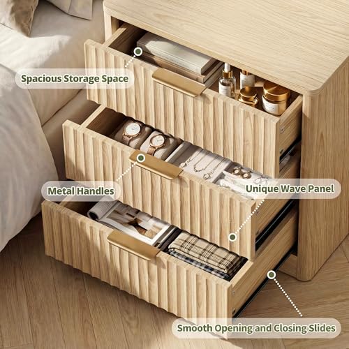 Image of IRONCK Fluted Night Stand Set of 2, Natural Oak | 22 inch Modern Nightstand with Charging Station & 3 Drawers, Bedside Table for Bedroom
