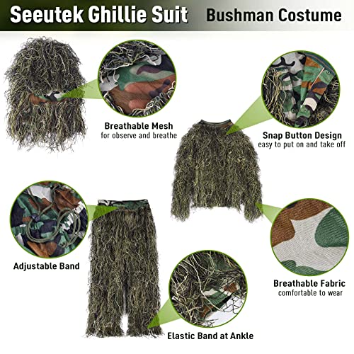 Seeutek 5 in 1 Ghillie Suit - 3D Camouflage Hunting Suits - Jacket, Pants, Hood, Carry Bag for Adults & Youth, M/L/XL/XXL