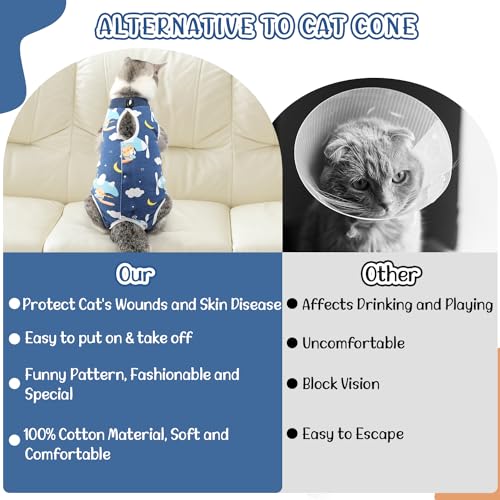 AUTOWT Cat Surgery Recovery Suit, 1PCS Lovely Printed Pet Spay Surgical Clothing, Pet Cone E-Collar Alternative After Surgery Onesie for Small Medium Cats for Abdominal Wounds Anti Licking,Blue,S - Image 6