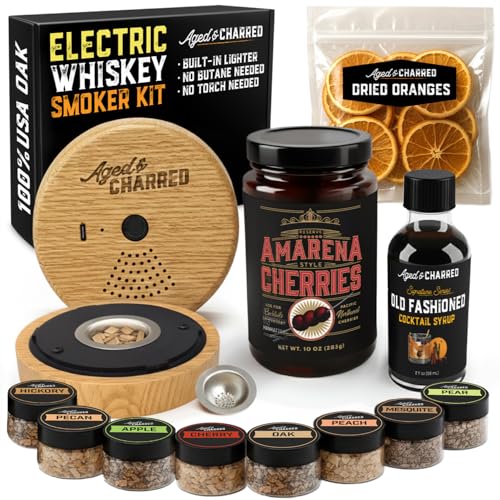 Electric Whiskey Smoker Kit - Whiskey Gifts for Men Dad - Premium Amarena Cherries, Syrup, Orange Dried Slices and 8 Flavors Wood Chips - Old Fashioned Cocktail Smoker kit