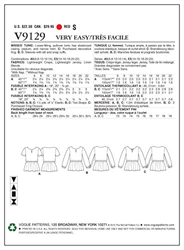 Patrons de Tunique Vogue Patterns 9129 Tailles E5 pour Ajustement Morphologique 14-22 - 6