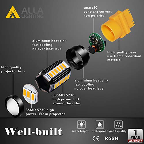 Alla Lighting 2800lm 3156 3157 LED Turn Signal Lights Bulbs, Amber Yellow T25 4157 5702 3457 AK 3757 NAK Blinker Lamps Replacement Xtreme Super Bright 12V 5730 33-SMD - Image 6