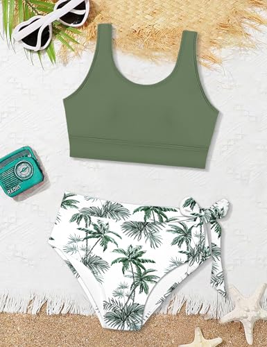 Image of Girls Tankini Swimsuits Tropical Print Bathing Suit Two Piece Girls' Swimwear with Tie Side Knot 9-16T