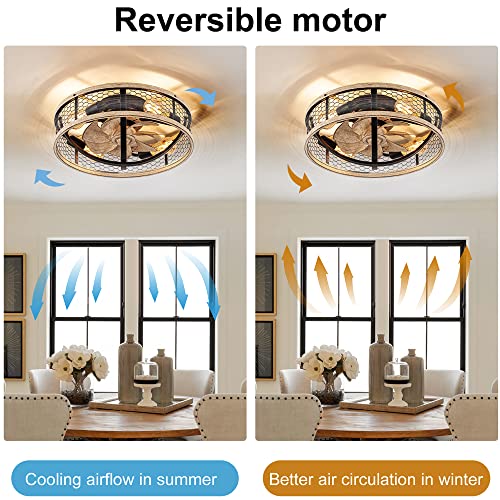 WWM 20'' Flush Mount Caged Ceiling Fan with Light, Low Profile Farmhouse Ceiling Fans with Remote, 3 Speeds,Reversible Motor Fan for Small Space,Fan Lights Ceiling Fixtures(5 E26 Bulbs Include) - Image 5