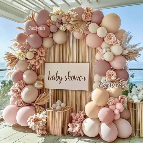 Image of Dusty Light Pink Beige Balloon Arch Double Stuffed Mauve Blush Nude White Cream Matte Balloon Garland Kit for Boho Baby Shower Birthday Baby in Bloom Bridal Wedding Valentine Party Decoration