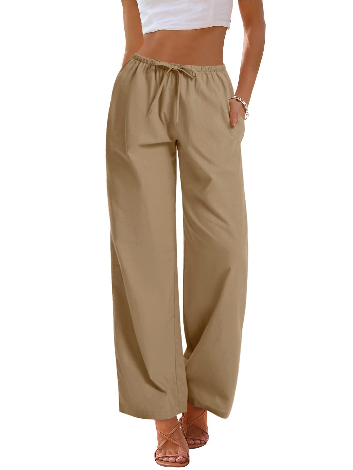 AKEWEI Women Cotton Linen Summer Palazzo Pants Drawstring Waist Wide Leg Lightweight Beach Trousers with Pockets