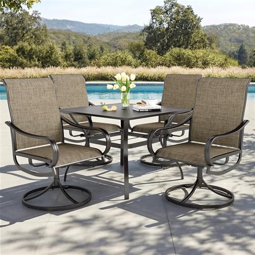 Image of PHI VILLA 5 Pcs Patio Dining Set for 4, Swivel Mesh Chairs, Brown | 4 textilene dining chairs. 37 inch metal square table with umbrella hole, all weather E-coated metal frame for outdoor deck lawn
