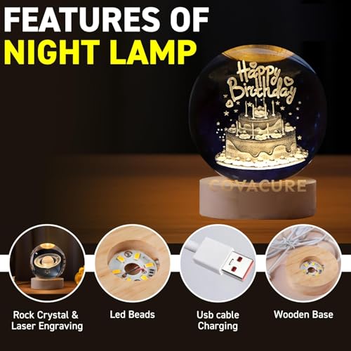 Image of 3D Happy Birthday Crystal Ball Night Lamp, Crystal Ball Night Light with USB, LED Wooden Base Table Lamp for Bedroom Home Office Decoration Birthday Gift for Boys and Girls