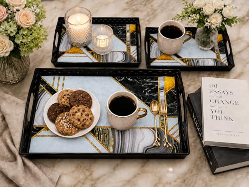 Image of KITCHIVO 3 Pcs Plastic Serving Tray Set with Handle | Multipurpose Tea Snacks Breakfast Tray | Floral Printed Rectangular Serving Trays for Kitchen & Home (Black Marble Luxe)