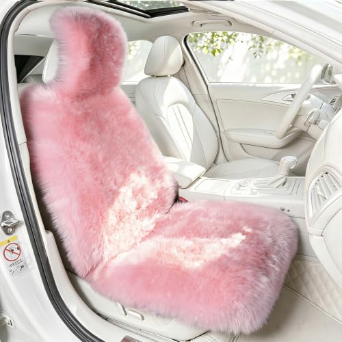 Image of Pink Fluffy Sheepskin Car Seat Cover for Soft Natural Wool Cushion Pad